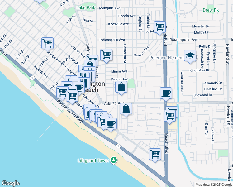 map of restaurants, bars, coffee shops, grocery stores, and more near 120 Huntington Street in Huntington Beach