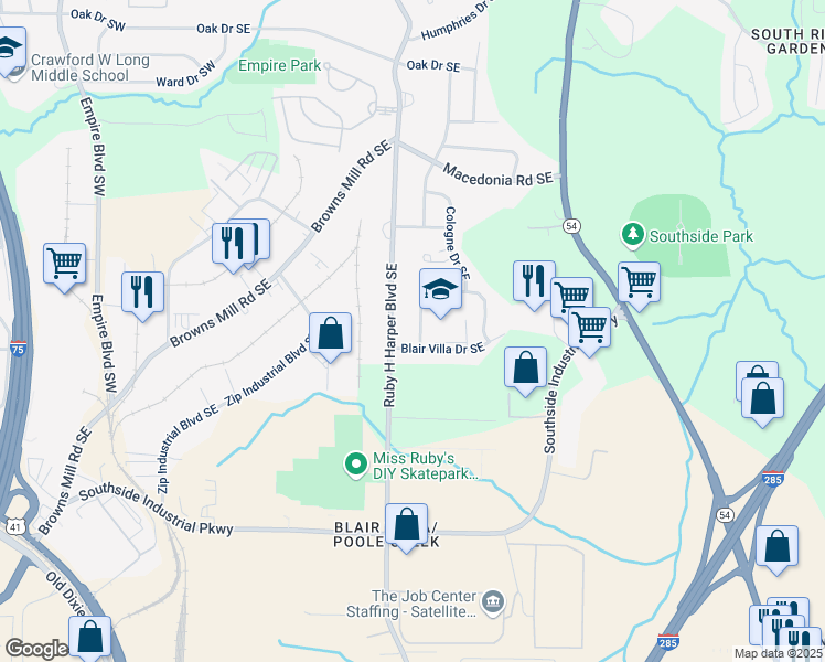 map of restaurants, bars, coffee shops, grocery stores, and more near 3499 Villa Circle Southeast in Atlanta