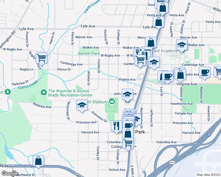 map of restaurants, bars, coffee shops, grocery stores, and more near 3540 Victoria Street in College Park