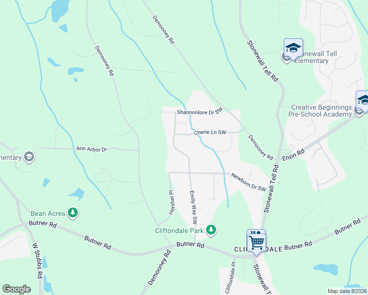 map of restaurants, bars, coffee shops, grocery stores, and more near 3570 Emily Way Southwest in Atlanta