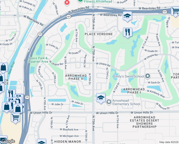 map of restaurants, bars, coffee shops, grocery stores, and more near 7514 West Kerry Way in Glendale