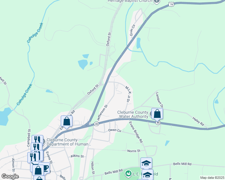 map of restaurants, bars, coffee shops, grocery stores, and more near 309 Jefferson Street in Heflin