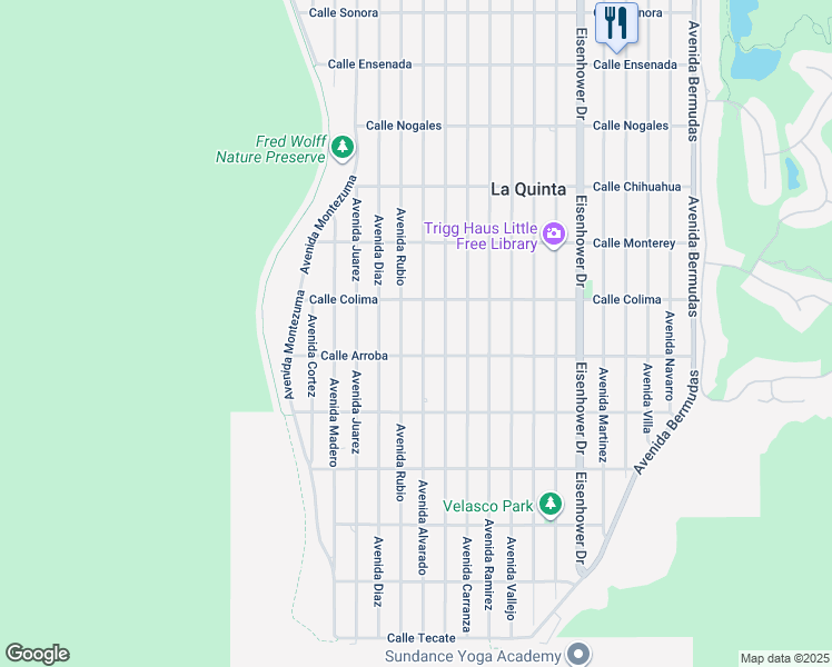 map of restaurants, bars, coffee shops, grocery stores, and more near 53683 Avenue Alvarado in La Quinta