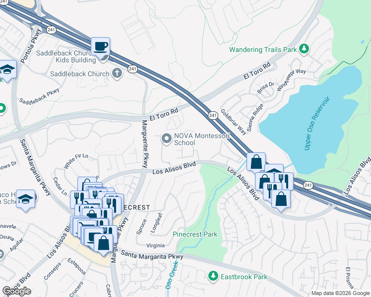 map of restaurants, bars, coffee shops, grocery stores, and more near 170 Valley View Terrace in Mission Viejo