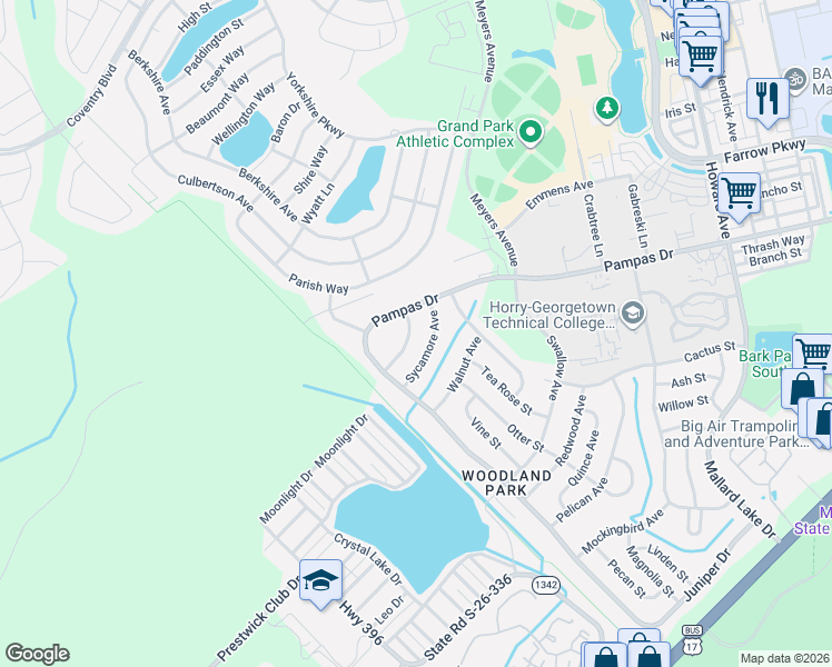 map of restaurants, bars, coffee shops, grocery stores, and more near 757 Sycamore Avenue in Myrtle Beach