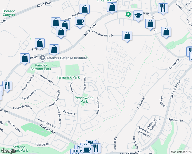 map of restaurants, bars, coffee shops, grocery stores, and more near 42516 Sonoma in Lake Forest