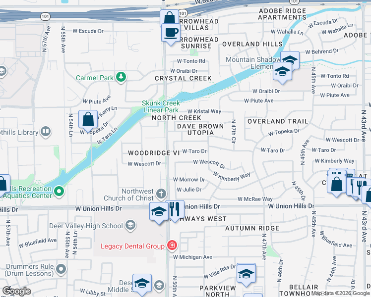 map of restaurants, bars, coffee shops, grocery stores, and more near 5011 West Taro Drive in Glendale
