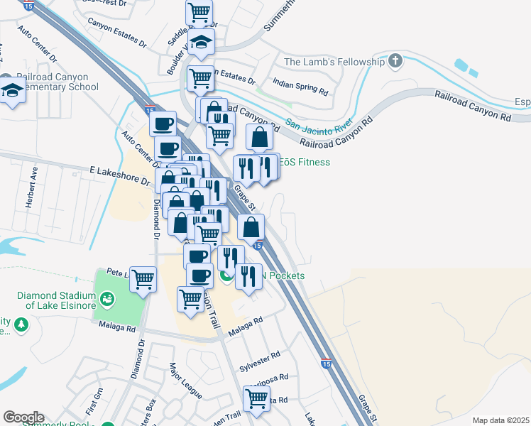 map of restaurants, bars, coffee shops, grocery stores, and more near 15325 Oak Tree Drive in Lake Elsinore