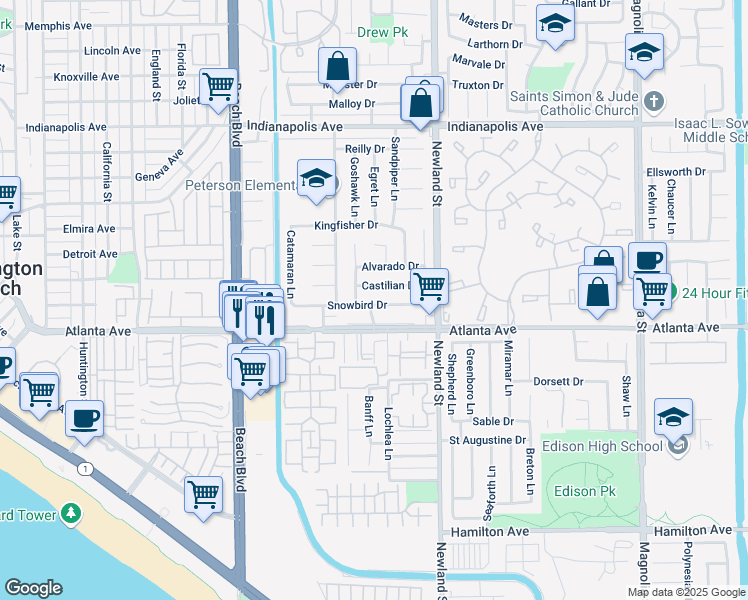 map of restaurants, bars, coffee shops, grocery stores, and more near 8331 Snowbird Drive in Huntington Beach