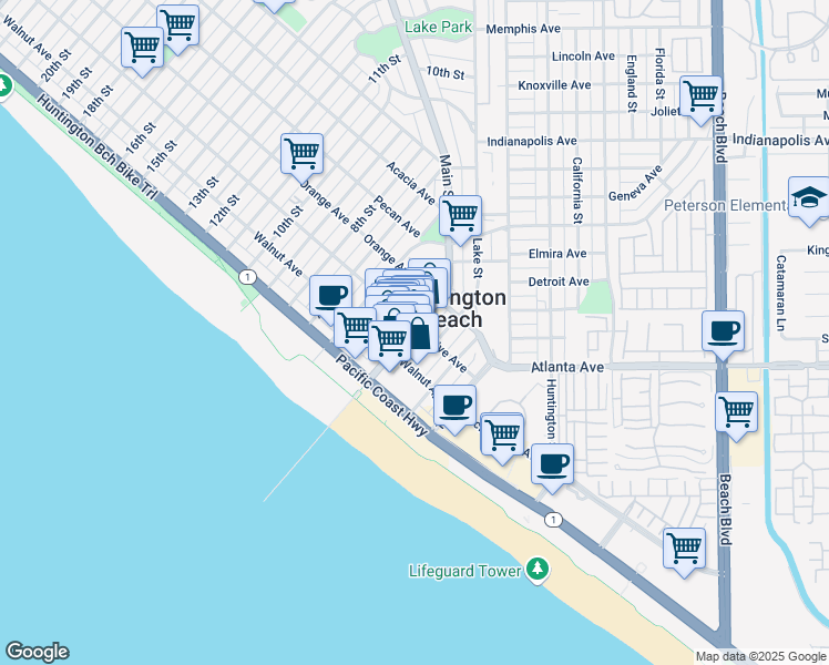 map of restaurants, bars, coffee shops, grocery stores, and more near 230 Main Street in Huntington Beach