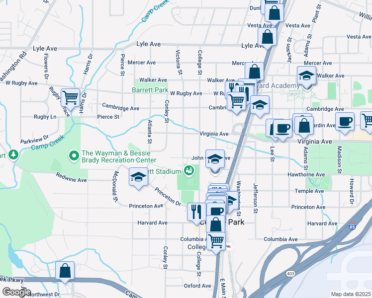 map of restaurants, bars, coffee shops, grocery stores, and more near 3540 Victoria Street in College Park