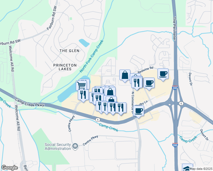 map of restaurants, bars, coffee shops, grocery stores, and more near 3725 Princeton Lakes Parkway in Atlanta