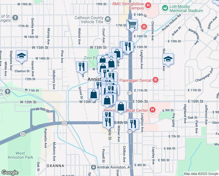 map of restaurants, bars, coffee shops, grocery stores, and more near 1106 Noble Street in Anniston