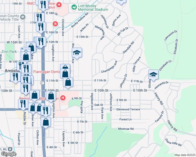 map of restaurants, bars, coffee shops, grocery stores, and more near 811 East 11th Street in Anniston