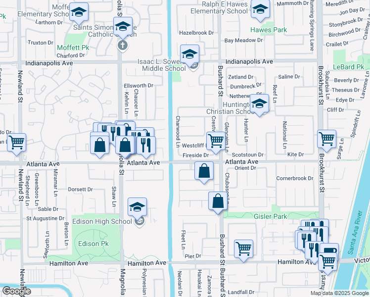map of restaurants, bars, coffee shops, grocery stores, and more near 9312 Westcliff Drive in Huntington Beach