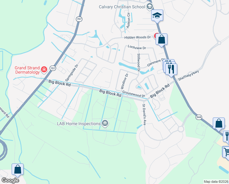 map of restaurants, bars, coffee shops, grocery stores, and more near 4053 Grousewood Drive in Myrtle Beach