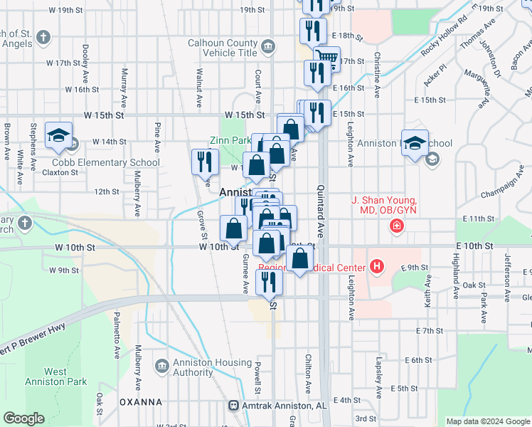 map of restaurants, bars, coffee shops, grocery stores, and more near 1106 Noble Street in Anniston