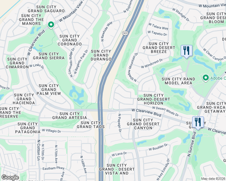 map of restaurants, bars, coffee shops, grocery stores, and more near 16479 West Silver Creek Drive in Surprise