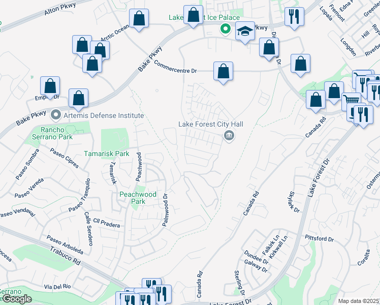 map of restaurants, bars, coffee shops, grocery stores, and more near 614 Cardona in Lake Forest