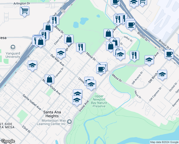 map of restaurants, bars, coffee shops, grocery stores, and more near 2619 Redlands Drive in Costa Mesa