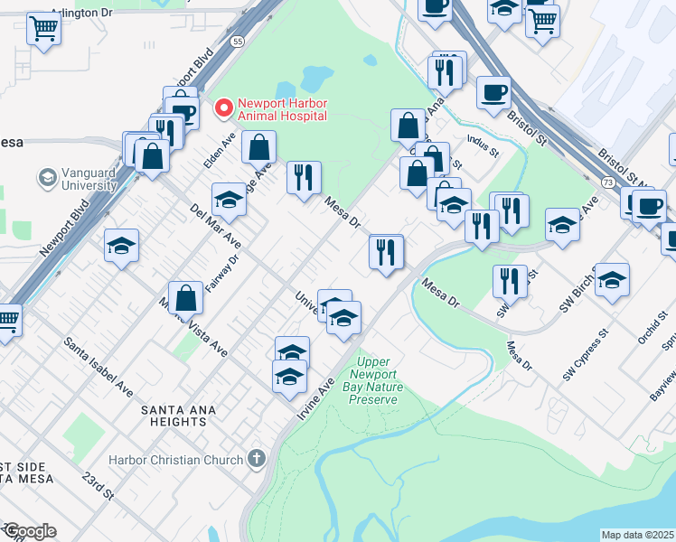 map of restaurants, bars, coffee shops, grocery stores, and more near 2619 Redlands Drive in Costa Mesa