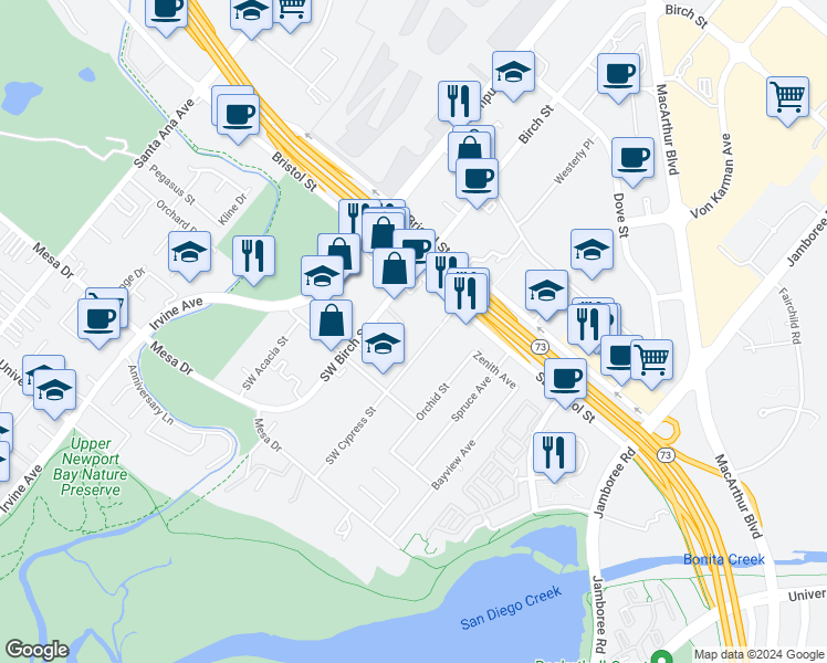 map of restaurants, bars, coffee shops, grocery stores, and more near Southwest Cypress Street in Newport Beach