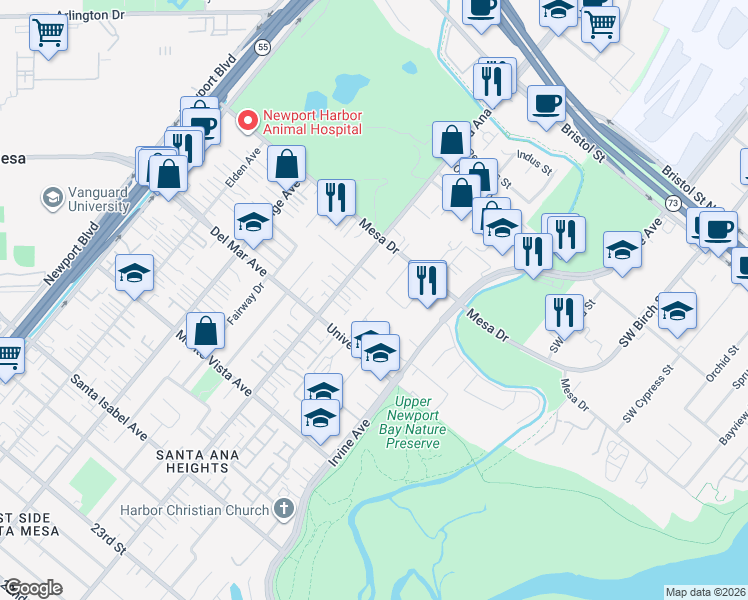map of restaurants, bars, coffee shops, grocery stores, and more near 2619 Redlands Drive in Costa Mesa