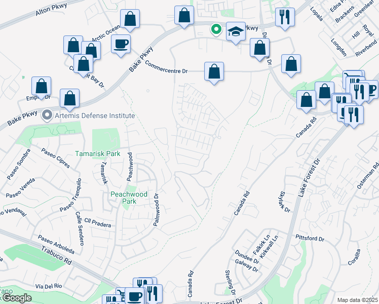 map of restaurants, bars, coffee shops, grocery stores, and more near 645 Athos in Lake Forest