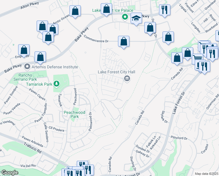 map of restaurants, bars, coffee shops, grocery stores, and more near 645 Athos in Lake Forest