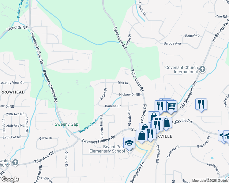 map of restaurants, bars, coffee shops, grocery stores, and more near 5101 Hickory Drive Northeast in Pinson