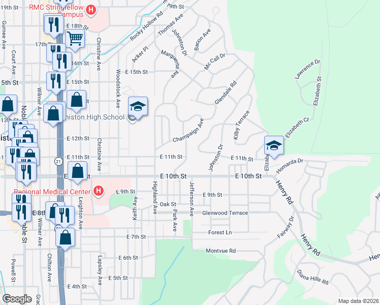 map of restaurants, bars, coffee shops, grocery stores, and more near 1100 Calhoun Place in Anniston
