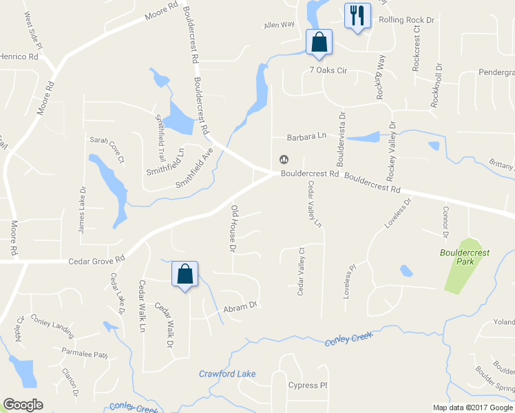 map of restaurants, bars, coffee shops, grocery stores, and more near 2138 Silva Drive in Conley