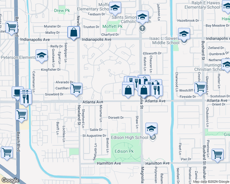map of restaurants, bars, coffee shops, grocery stores, and more near 8788 Coral Springs Court in Huntington Beach