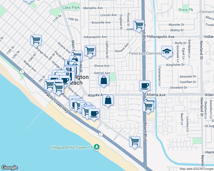 map of restaurants, bars, coffee shops, grocery stores, and more near 7623 Bay Drive in Huntington Beach