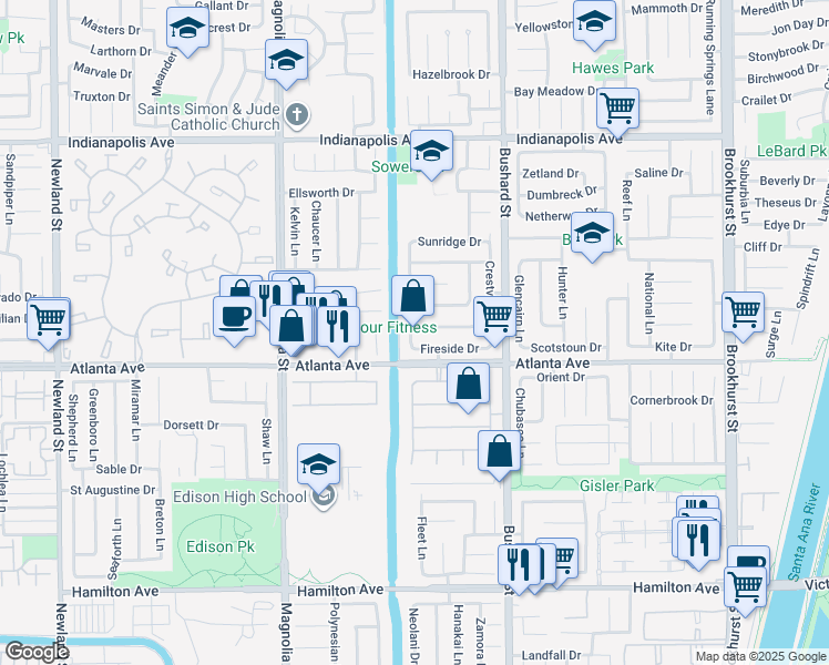 map of restaurants, bars, coffee shops, grocery stores, and more near in Huntington Beach