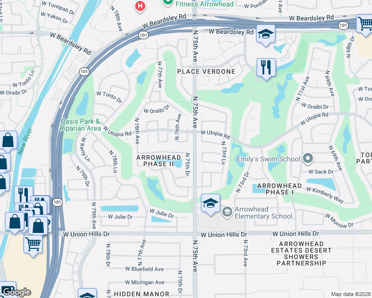 map of restaurants, bars, coffee shops, grocery stores, and more near 7514 West Kerry Way in Glendale