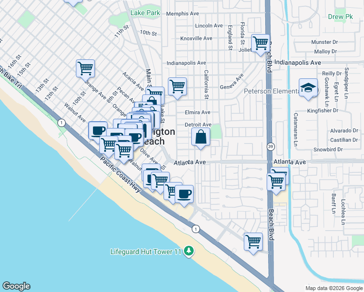 map of restaurants, bars, coffee shops, grocery stores, and more near 210 Baltimore Avenue in Huntington Beach