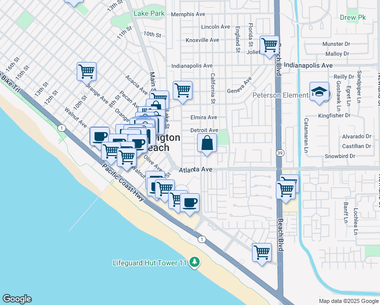 map of restaurants, bars, coffee shops, grocery stores, and more near 210 Baltimore Avenue in Huntington Beach