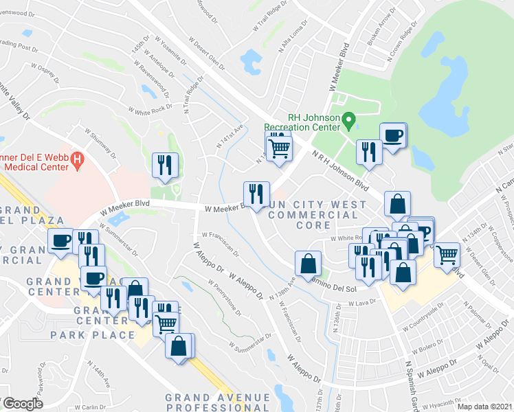 map of restaurants, bars, coffee shops, grocery stores, and more near 13951 West Meeker Boulevard in Sun City West