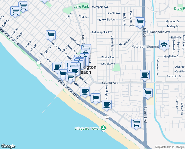 map of restaurants, bars, coffee shops, grocery stores, and more near in Huntington Beach