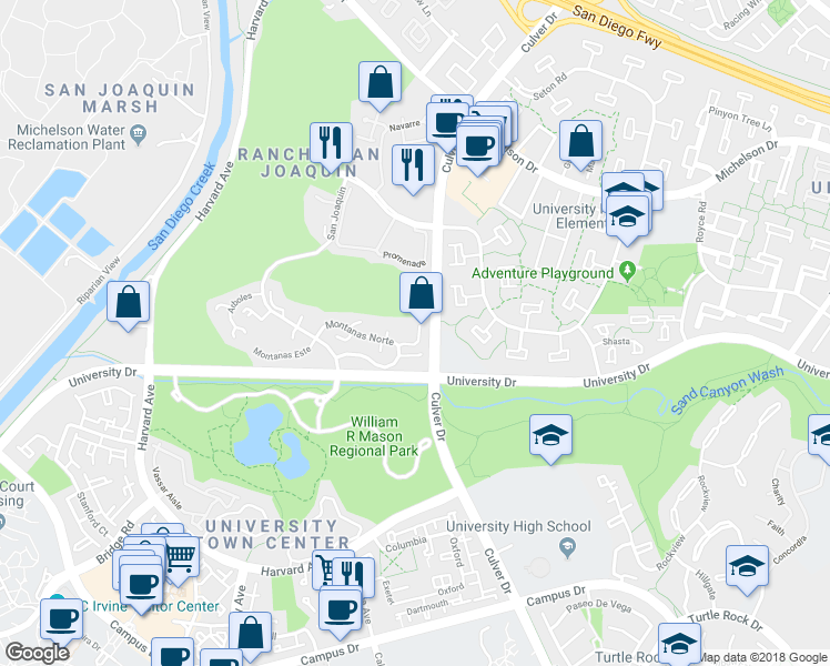 map of restaurants, bars, coffee shops, grocery stores, and more near 15 Rana in Irvine