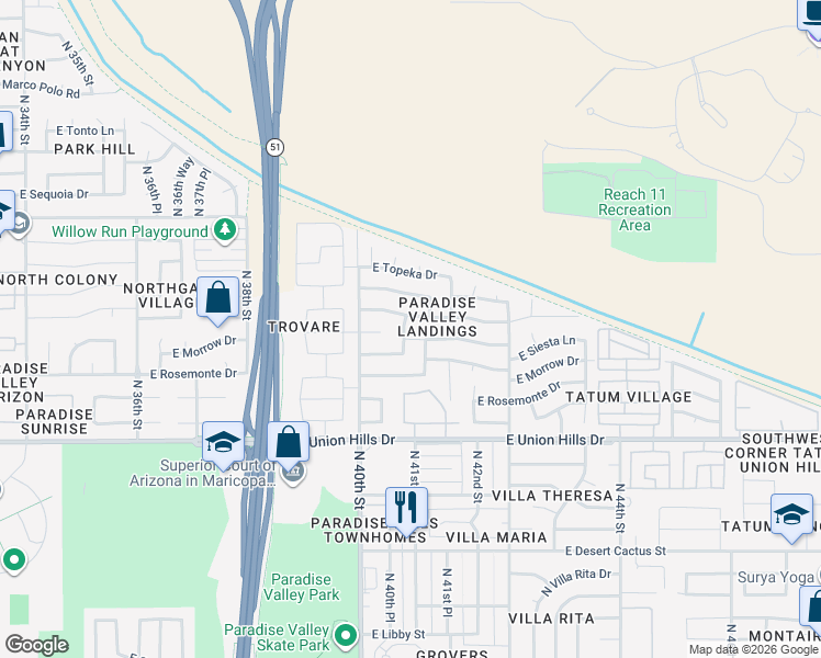 map of restaurants, bars, coffee shops, grocery stores, and more near 18836 North 40th Place in Phoenix