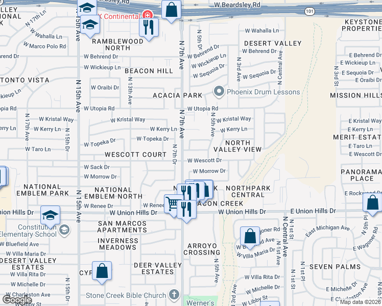 map of restaurants, bars, coffee shops, grocery stores, and more near 524 West Wescott Drive in Phoenix