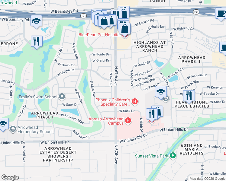 map of restaurants, bars, coffee shops, grocery stores, and more near 19219 North 67th Drive in Glendale