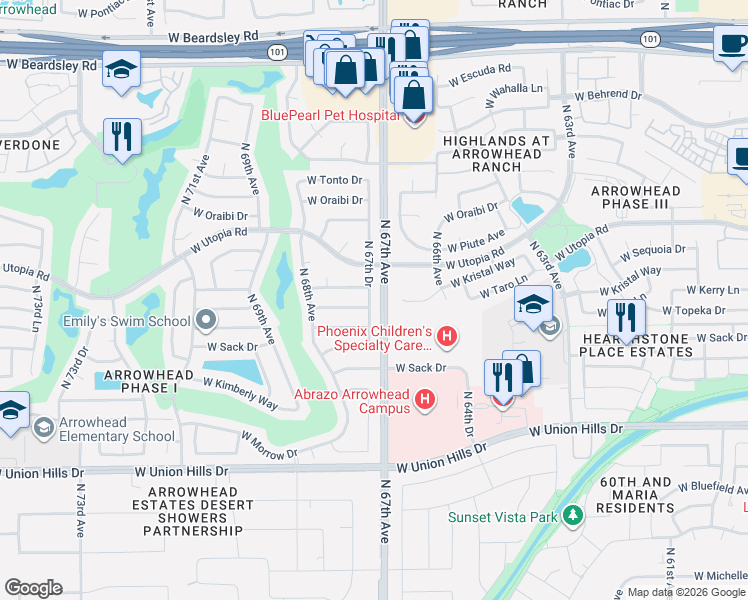map of restaurants, bars, coffee shops, grocery stores, and more near 19219 North 67th Drive in Glendale