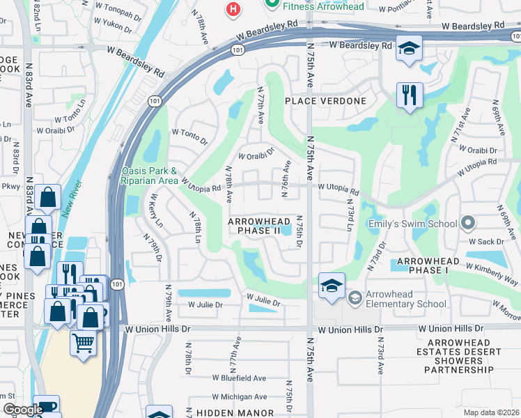 map of restaurants, bars, coffee shops, grocery stores, and more near 7585 West Kerry Way in Glendale