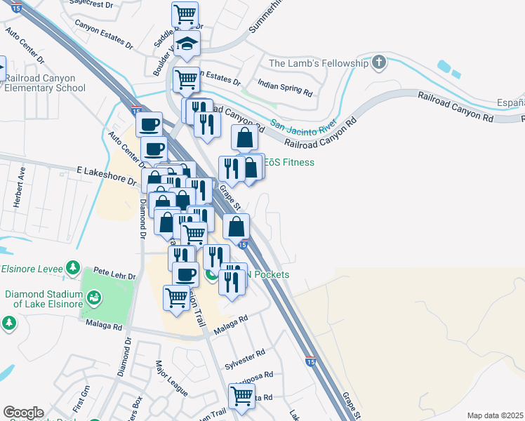 map of restaurants, bars, coffee shops, grocery stores, and more near 15663 Vista Way in Lake Elsinore