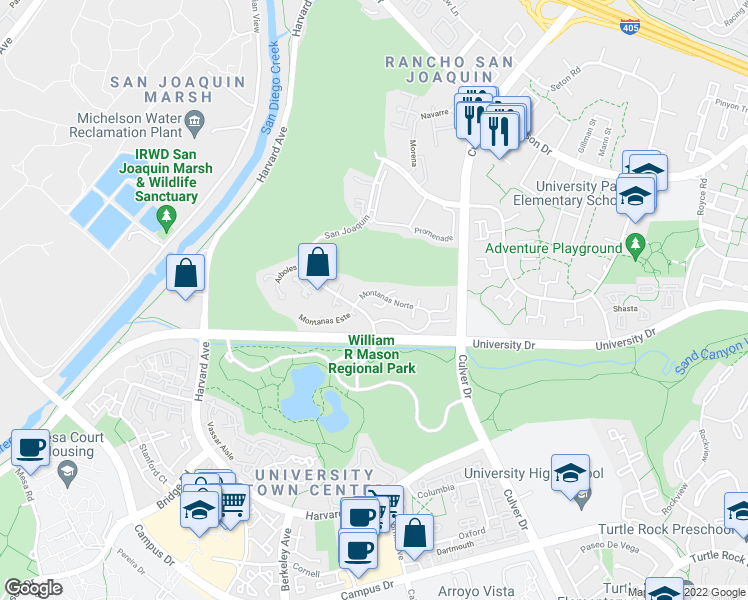 map of restaurants, bars, coffee shops, grocery stores, and more near 21 Madrona in Irvine