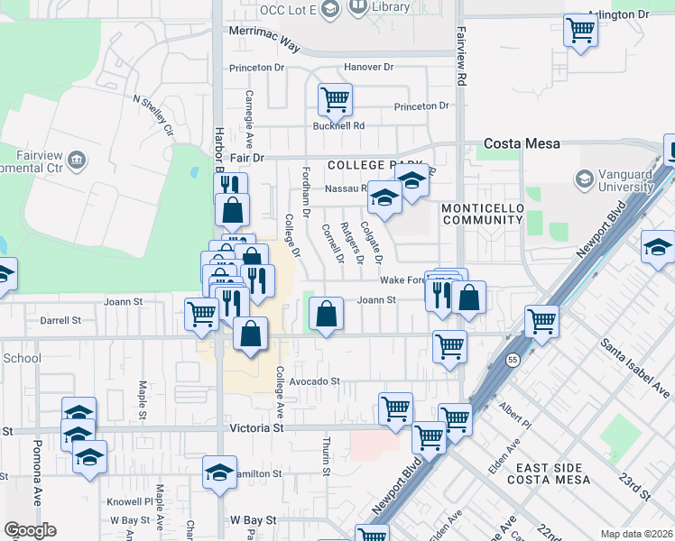 map of restaurants, bars, coffee shops, grocery stores, and more near 2317 Cornell Drive in Costa Mesa