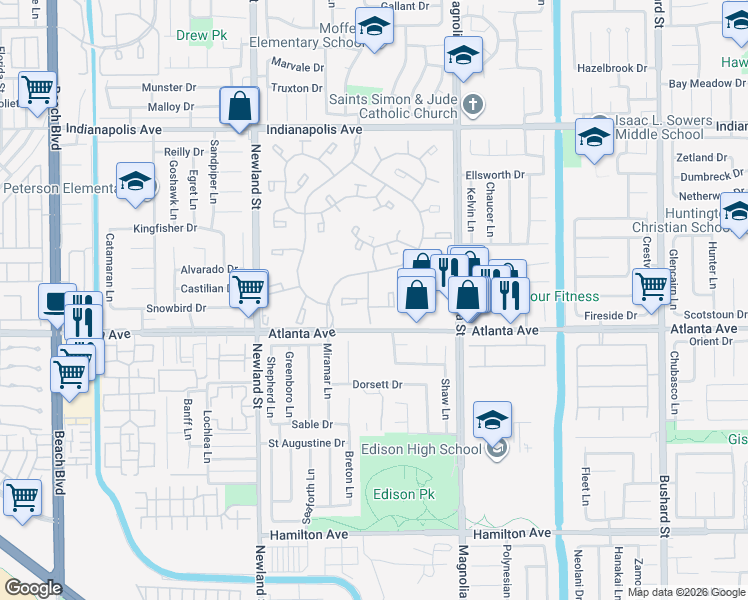 map of restaurants, bars, coffee shops, grocery stores, and more near 8788 Coral Springs Court in Huntington Beach